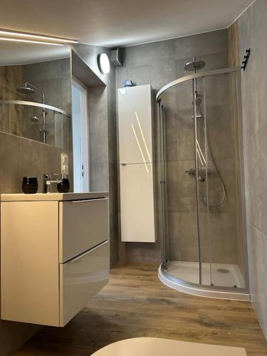 a bathroom with a shower and a sink at Apartament Kryształ in Piechowice