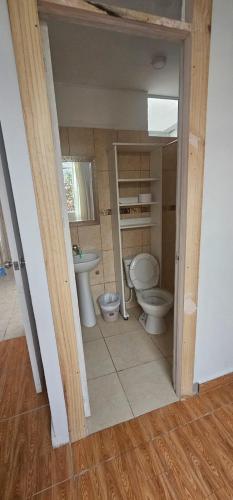 a bathroom with a toilet and a sink at Pacharodeo & Hospedaje in Pachacamac