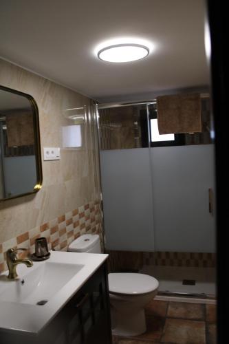 a bathroom with a sink and a toilet and a mirror at Apartamentos Patas y Patetas in Tragacete