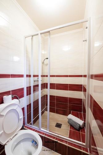a bathroom with a shower and a toilet at Heaven Heart - Apartmani Tuzla in Tuzla