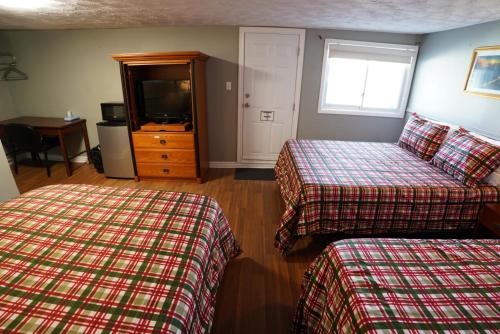 a hotel room with two beds and a television at Falcon Inn in Niagara Falls