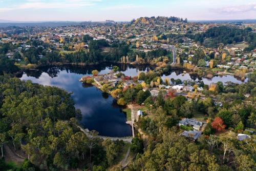an aerial view of a town with two lakes at Red Gables Daylesford - Garden Suite & Hedge Suite in Daylesford