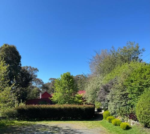 a path through a garden with a red house in the background at Red Gables Daylesford - Garden Suite & Hedge Suite in Daylesford