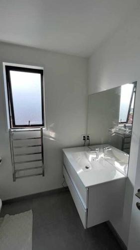 a white bathroom with a sink and a window at The perfect Christchurch Escape in Christchurch