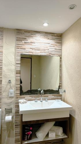 a bathroom with a sink and a large mirror at House Park Boutique - Casa de Huéspedes in Santa Fe
