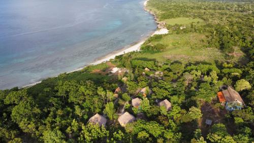 an aerial view of a beach and the ocean at Oro Beach Houses in Weetebula