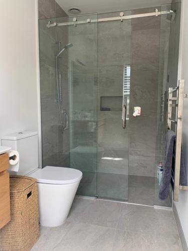 a bathroom with a glass shower with a toilet at Alpine Abode in Wanaka