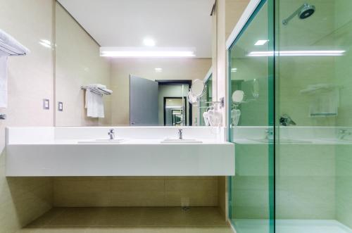 a bathroom with a sink and a glass shower at Mira Serra Parque Hotel in Passa Quatro