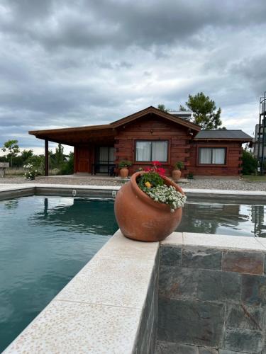 a house with a flower pot next to a swimming pool at Rancho la alborada in Los Reartes