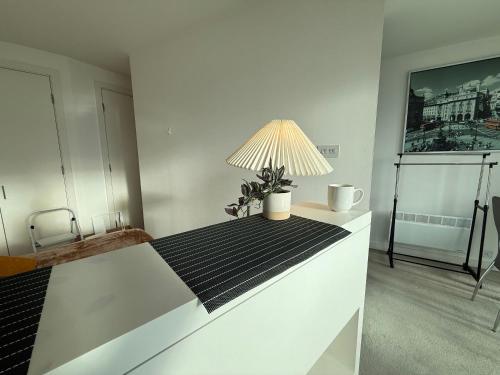 a room with a bed with a lamp on it at STUNNING!!! City-Center!! Retreat with Modern Amenities in Birmingham