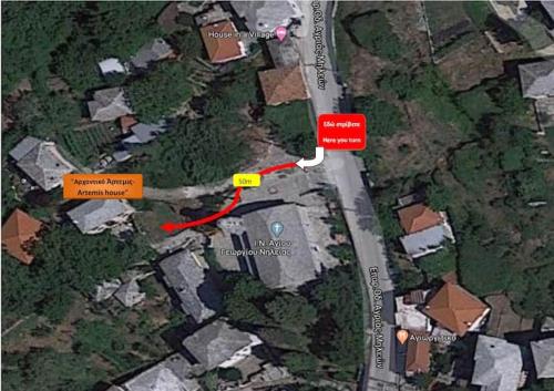 a map of a road with red and yellow signs at ΑΡΧΟΝΤΙΚΟ ΑΡΤΕΜΙΣ-Villa Artemis since 1871 in Agios Georgios Nilias
