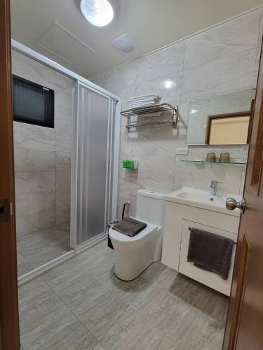 a bathroom with a shower and a toilet and a sink at 玩樂夷夏民宿 in Magong