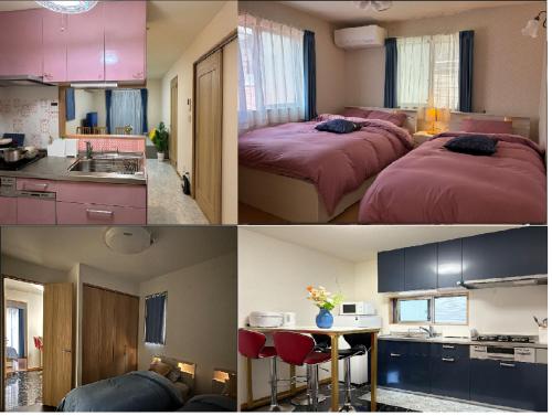 two pictures of a room with two beds and a kitchen at Lapis House 201 - 2F & 3F in Tokyo