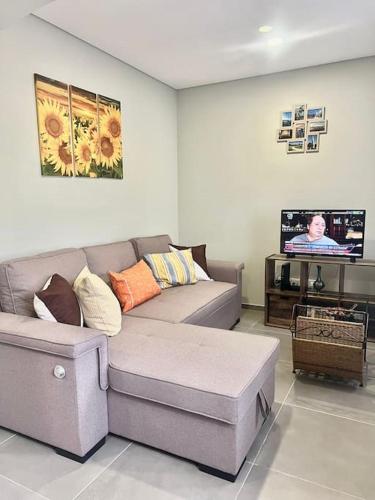a living room with a couch and a tv at Pergola House - Typical Porto House in Porto