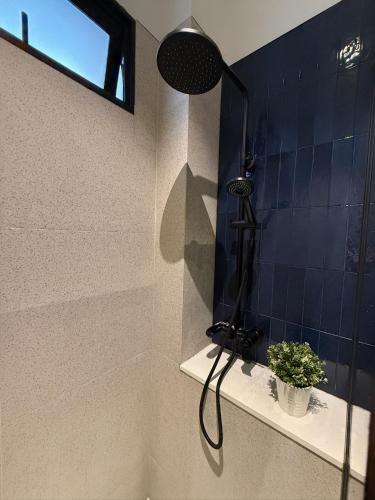 a shower in a bathroom with a plant on a shelf at ISA Hotel Amber Road in Singapore