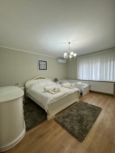 a bedroom with two beds and a chandelier at Oaza Mira Laze - Luxury Private Villa with Pool, Football Field in Nova Gradiška