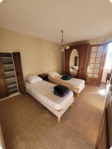 une chambre avec deux lits et un miroir dans l'établissement Charmante maison dans le Luberon, à Vitrolles-en-Luberon
