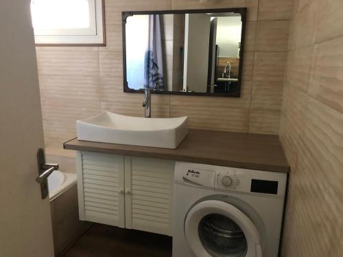une salle de bain avec un lavabo et une machine à laver dans l'établissement EDEN CATALAN 5 personnes meublé tourisme 