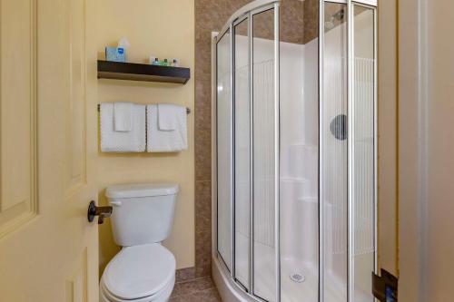 a bathroom with a toilet and a glass shower at The Parlour Inn, an Ascend Collection Hotel in Stratford