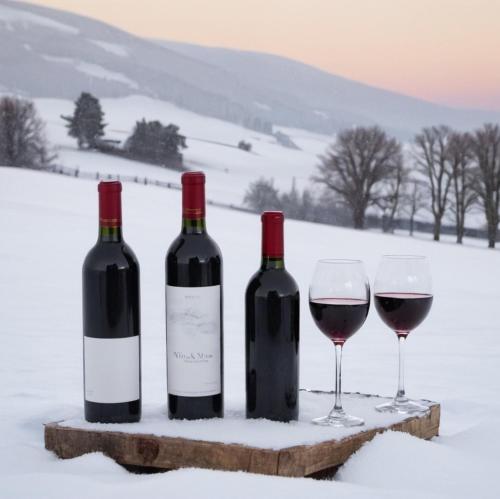 three bottles and two glasses of red wine in the snow at Larix in Ulrichen