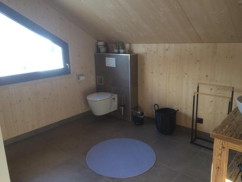 a bathroom with a toilet in a room with a window at Bergchalet K2 in Hohentauern