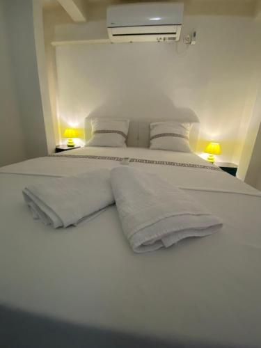 a white bed with white sheets and pillows at Logement de 40m2 avec terrasse, moderne et équipé in Petit-Canal