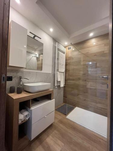 a bathroom with a sink and a shower at Al Bait de Luiseto in Bormio