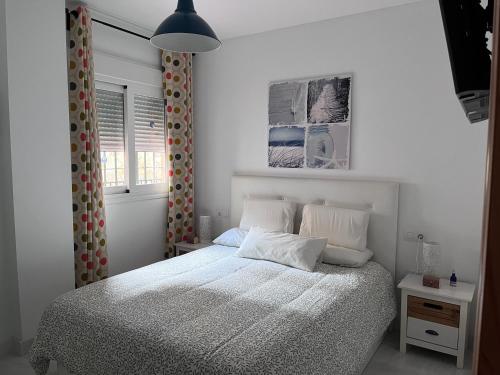 ein Schlafzimmer mit einem Bett und einer Hängeleuchte in der Unterkunft Malaga Mijas Costa Pool Nuevo Piso in Mijas Costa