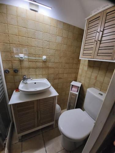 une salle de bain avec des toilettes blanches et un lavabo dans l'établissement Maison au bord de la mer, à Poggio-Mezzana