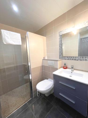 une salle de bain avec toilettes, lavabo et douche dans l'établissement Studio Jade a 100m de la plage, à Hyères