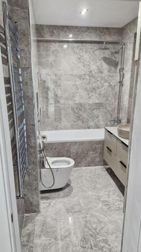 a bathroom with a tub and a toilet and a sink at Air-Moldova Dacia in Chişinău