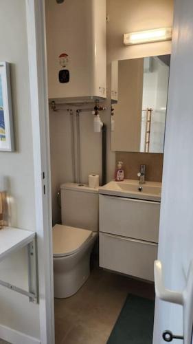 une petite salle de bain avec toilettes et lavabo dans l'établissement Studio ensoleillé avec terrasse, à Nice
