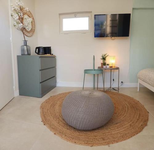 - un salon avec une table et un tapis rond dans l'établissement Studio ensoleillé avec terrasse, à Nice
