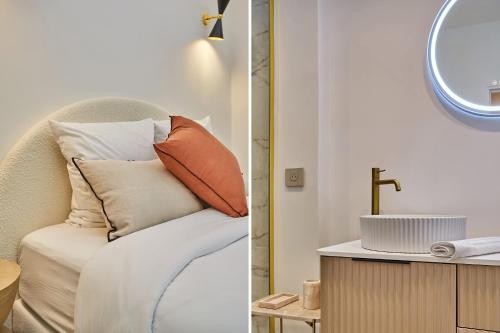 Cette chambre comprend une chaise avec un oreiller et un miroir. dans l'établissement Charming flat Jardin du Luxembourg Montparnasse, à Paris