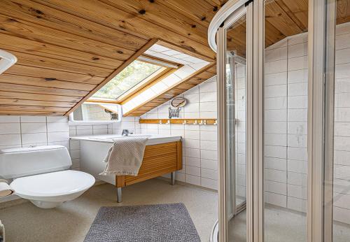 a bathroom with a toilet and a sink and a skylight at Dream location with lake view & Top location near in Bro
