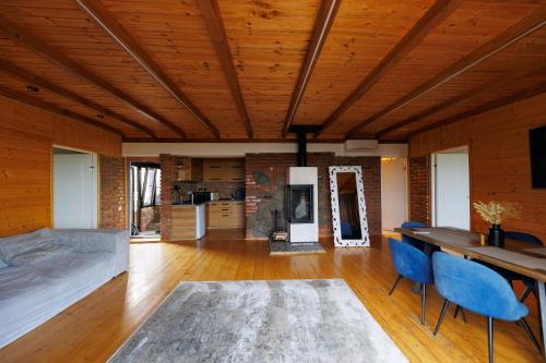 a living room with a bed and a fireplace at Vdoma Karpaty in Vilshynki