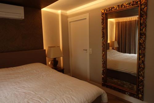 a bedroom with a bed and a large mirror at Huisje Bommelstein in Joure