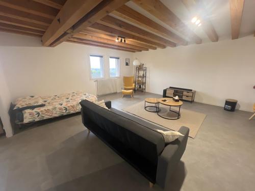 une chambre avec un lit, un canapé et une table dans l'établissement Appartement au pied des Vignes, à Vosne-Romanée