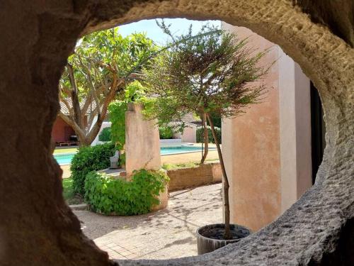 an archway in a building with trees and a pool at Le Mas Lolivo in Aubignan