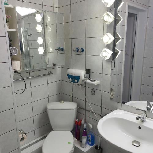 a bathroom with a toilet and a sink and a mirror at Casa Negoiu in Târgu-Mureş