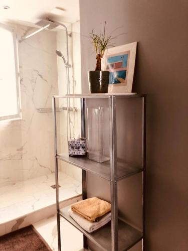- une étagère en métal dans la salle de bains pourvue d'une douche dans l'établissement appartement Cozy Paris Canal St Martin, à Paris