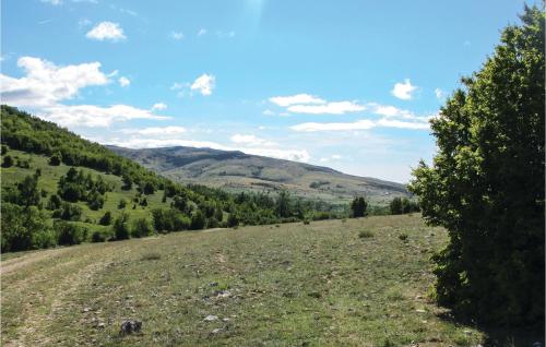 a grassy hill with trees and mountains in the background at Two-Bedroom Holiday Home In Neoric in Neorić