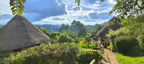 a house with a thatched roof in a garden at Agandi Uganda Eco-lodges in Bwindi