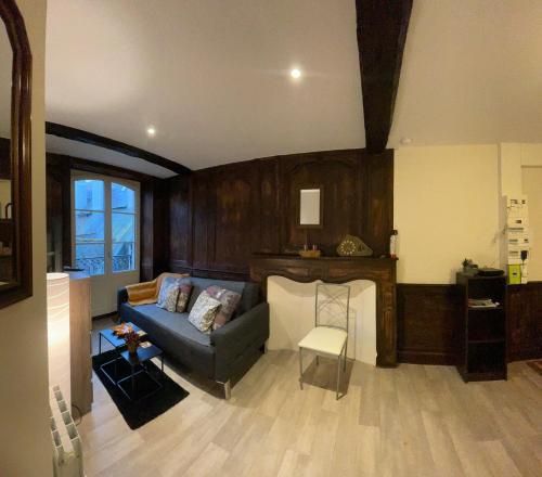 a living room with a couch and a fireplace at Charmant Appartement à Dinan in Dinan
