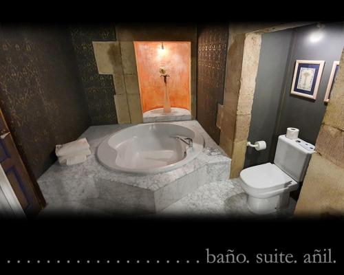 a bathroom with a tub and a toilet at Casona Camino Real De Selores in Selores