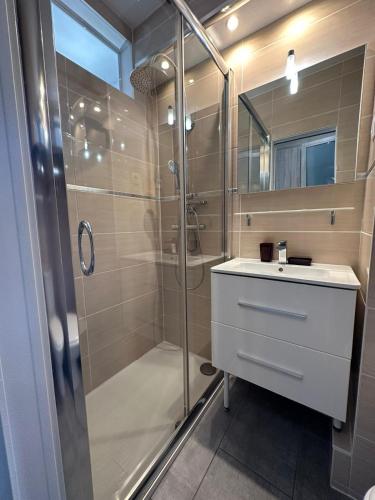 une salle de bain avec une douche, un lavabo et un miroir dans l'établissement Héliopolis J 201, au Cap d'Agde