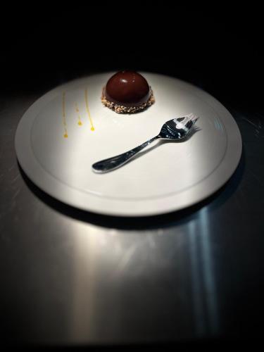 a white plate with a chocolate dessert on it at Richard Lequet Domaine gastronomique du Val d Atur in Boulazac
