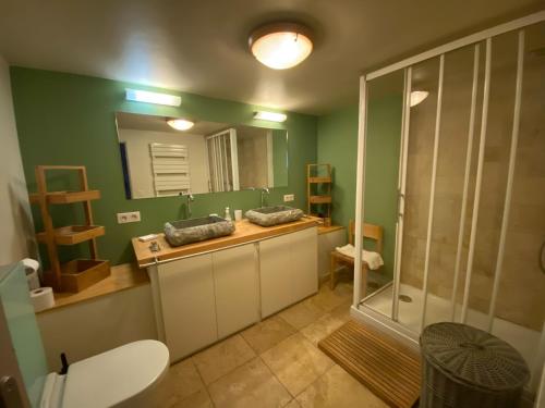 Un baño con ducha, lavabo y espejo. en Villa Jules, en Chamonix-Mont-Blanc