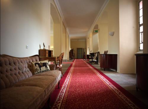 a living room with a couch and a red rug at Schloss Oppurg in Oppurg