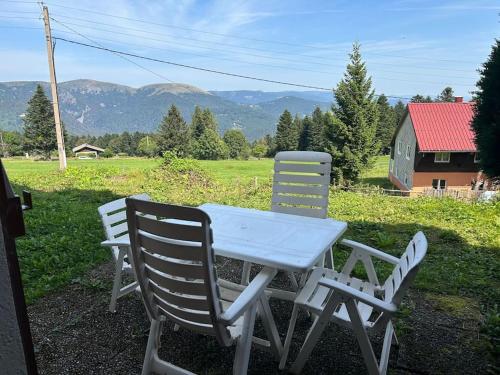 a white table and two chairs sitting next to a field at Charmant studio au cœur d une station des Vosges in Sondernach